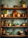 Wooden shelves with kitchen utensils. Atmospheric tradition Italian kitchen interior in vintage style, vertical image.