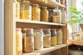 Wooden shelves in pantry for food storage, grain products in storage jars