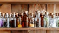 Wooden shelves stocked with various homeopathy bottles. Classic pharmacy setting. Concept of botanical pharmacy Royalty Free Stock Photo