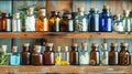 Wooden shelves stocked with various homeopathy bottles. Classic pharmacy setting. Concept of homeopathy, botanical Royalty Free Stock Photo