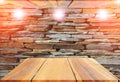 Wooden shelves top empty and floor ceiling in stone wall background