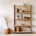 Wooden shelving unit, bookcase near beige stucco wall with copy space. Storage organization for home. Interior design Royalty Free Stock Photo