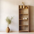 Wooden shelving unit, bookcase near beige stucco wall with copy space. Storage organization for home. Interior design Royalty Free Stock Photo