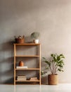 Wooden shelving unit, bookcase near beige stucco wall with copy space. Storage organization for home. Interior design of modern Royalty Free Stock Photo