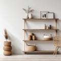 Wooden shelving unit near white wall. Storage organization for home. Interior design of modern living room. Created with Royalty Free Stock Photo