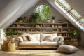 Wooden shelving unit on white wall behind cozy sofa. Scandinavian interior design of modern stylish living room in attic. Created Royalty Free Stock Photo