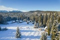 Wooden Shepherd Cabin in Winter Snowy Forest. Drone View