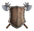 Wooden shield and two crossed battle axes