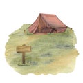 Wooden shields, arrows, pointers. Green glade, field, edge. Tarp canvas tent for camping. Watercolor illustration on a