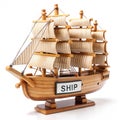 Wooden ship with label saying \