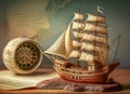 Wooden Ship Model and Compass Rose Wall Art