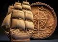Wooden Ship Model and Compass Rose Wall Art