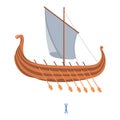 Wooden ship with oars and sail, drakkar boat