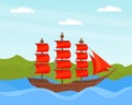 Wooden Ship with Red Sails Floating on Blue Water as Marine and Sea Transport and Vessel Vector Illustration Royalty Free Stock Photo