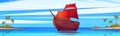 Wooden ship with red sails floating at seascape Royalty Free Stock Photo