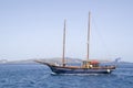 Wooden ship for trip near Santorini island