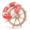 Wooden ship wheel and life buoy 3D Royalty Free Stock Photo