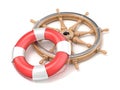 Wooden ship wheel and life buoy 3D Royalty Free Stock Photo