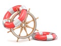 Wooden ship wheel and two life buoys 3D Royalty Free Stock Photo