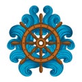 Wooden ships wheel encircled with blue waves. Royalty Free Stock Photo