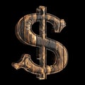 Wooden Shou Sugi Ban Dollar Sign isolated on Black Background. Royalty Free Stock Photo