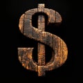 Wooden Shou Sugi Ban Dollar Sign isolated on Black Background. Royalty Free Stock Photo