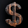 Wooden Shou Sugi Ban Dollar Sign isolated on Black Background. Royalty Free Stock Photo