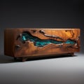 Dark Amber And Teal Wood And Water Sideboard With Luminous Imagery