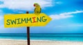Wooden sign on beautiful beach and clear sea wit text swimming. A green parrot sits on a pointer to a tropical paradise Royalty Free Stock Photo
