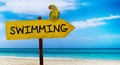 Wooden sign on beautiful beach and clear sea wit text swimming A green parrot sits on a pointer to a tropical paradise Royalty Free Stock Photo