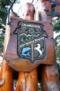 Wooden sign of the city of Villa General Belgrano in Calamuchita. Cordoba Argentina. Carved poster. Oktoberfest beer festival nati