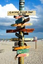 wooden sign on cocoa beach, florida, USA pointing to lots of different cities and distances in USA