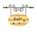 Wooden sign with coffee bean, floral forging eleme