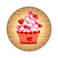 Wooden sign with cupcake with red cherries, pink