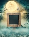 Wooden sign in dark landscape with spooky moon. Halloween design