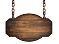 Wooden sign in dark wood hanging on a chain isolated