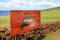 Wooden sign at the entrance of the ceremonial center of Vinapu, on Easer Island - Rapa Nui.