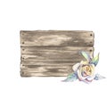 Wooden sign and flower. Watercolor illustration. Hand drawn elem Royalty Free Stock Photo