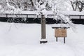 Wooden sign at Hirosaki Castle in winter season, covered with white snow, Aomori, Tohoku, Japan