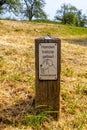 Wooden sign with inscription: Honden loslopen gebied, which means: dogs off leash area, entrance to free zone