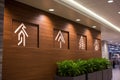 wooden sign with restroom symbols in a modern mall