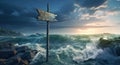 Wooden sign on rocky beach, in rough seas with large waves