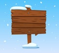 Wooden sign in snow. Christmas winter holidays signpost. Cartoon wood vector sign Royalty Free Stock Photo