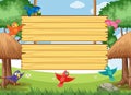 Wooden sign template with colorful birds flying in the park