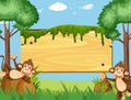 Wooden sign template with happy monkeys in the park