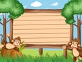 Wooden sign template with happy monkeys in the park