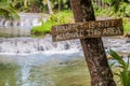 Wooden sign Tourist is not allowed this area at Cambugahay Falls on Siquijor island, Philippine