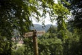 Wooden sign in the woods on a sunny summer day Royalty Free Stock Photo