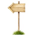 Wooden signboard and green grass isolated on white background. Watercolor handdrawn illustration.