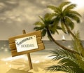 Wooden signboard on idealistic tropical beach Royalty Free Stock Photo